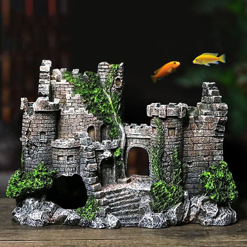 Resin Artificial Fish Tank Ancient Castle Decoration | Durable Aquarium Rock Cave Building | Aquatic Landscaping Ornament | Safe and Stylish Aquarium Decor