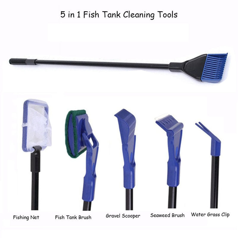 5 in 1 Aquarium Cleaning Kit | Gravel Rake, Algae Scraper, Sponge Brush | Pet Aquatic Cleaning Tools