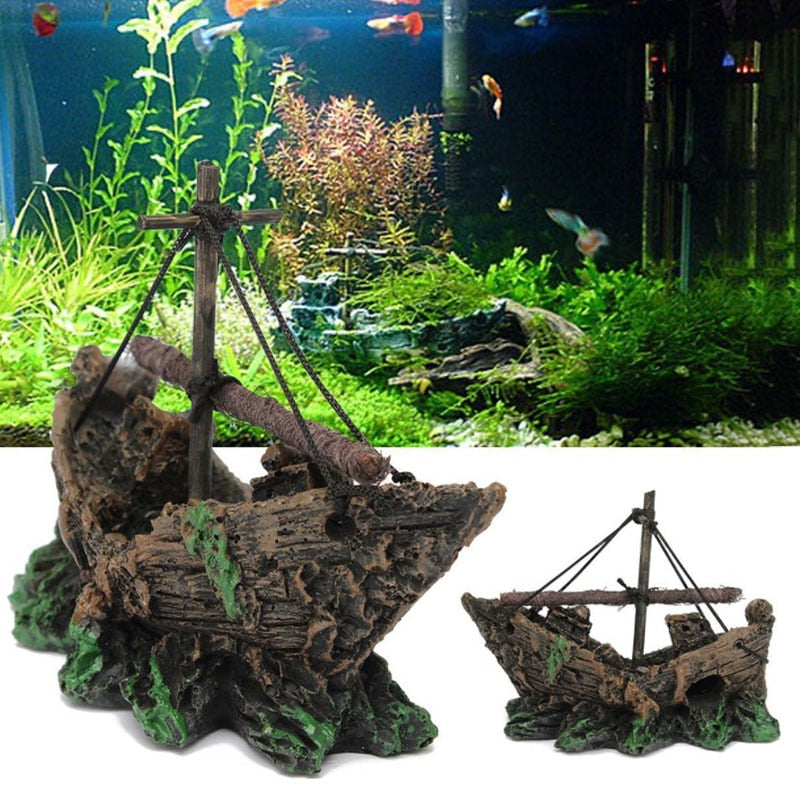 Wreck Sunk Ship Aquarium Ornament | Resin Sailing Boat Fish Tank Cave Decor | Eco-Friendly Landscaping Decoration
